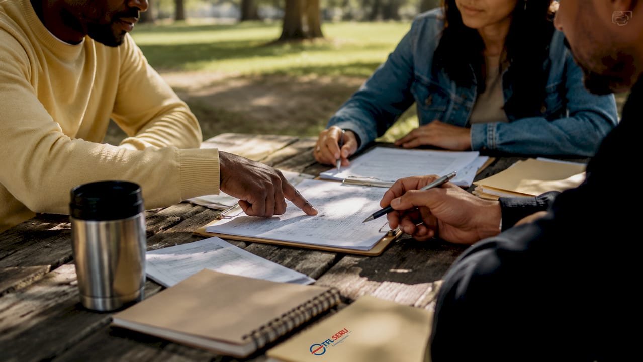 Hands holding PCO appointment cards and forms on table