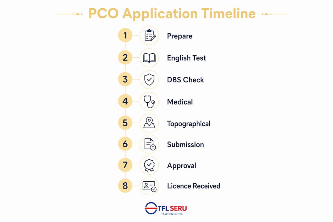 Infographic illustrating PCO application steps from preparation to licence