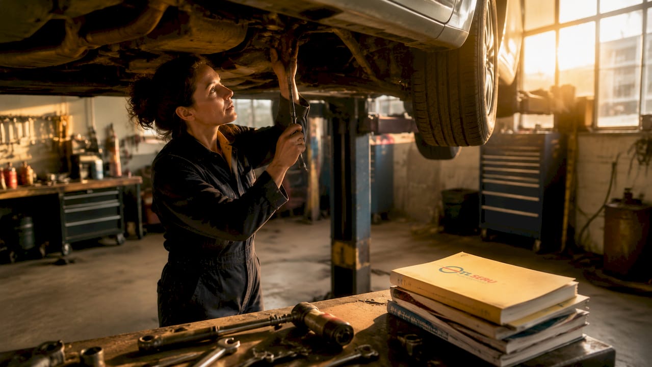 Mechanic inspecting PCO vehicle undercarriage in garage