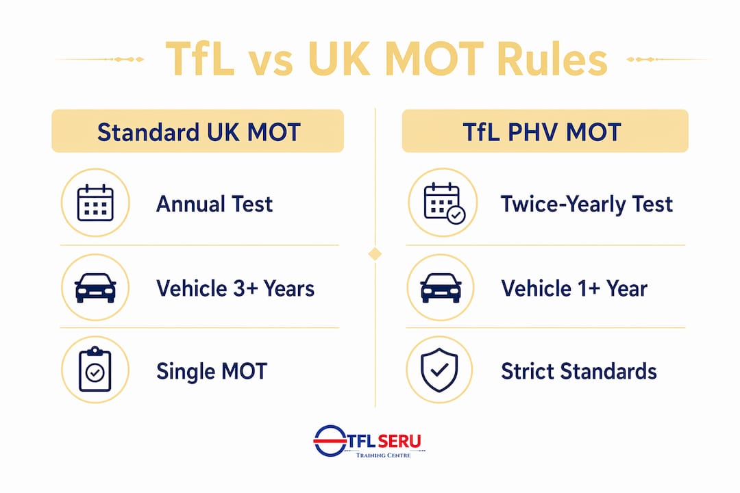 Infographic comparing TfL and UK MOT rules side by side