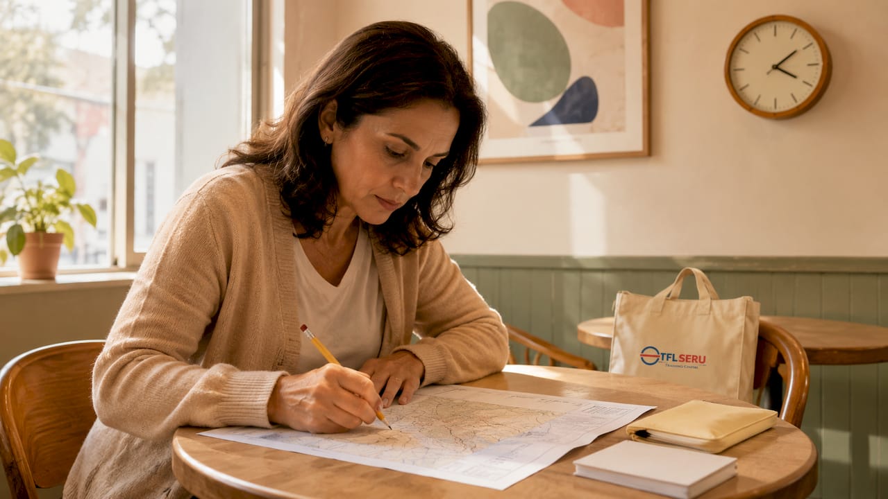 Woman drawing route during topographical test