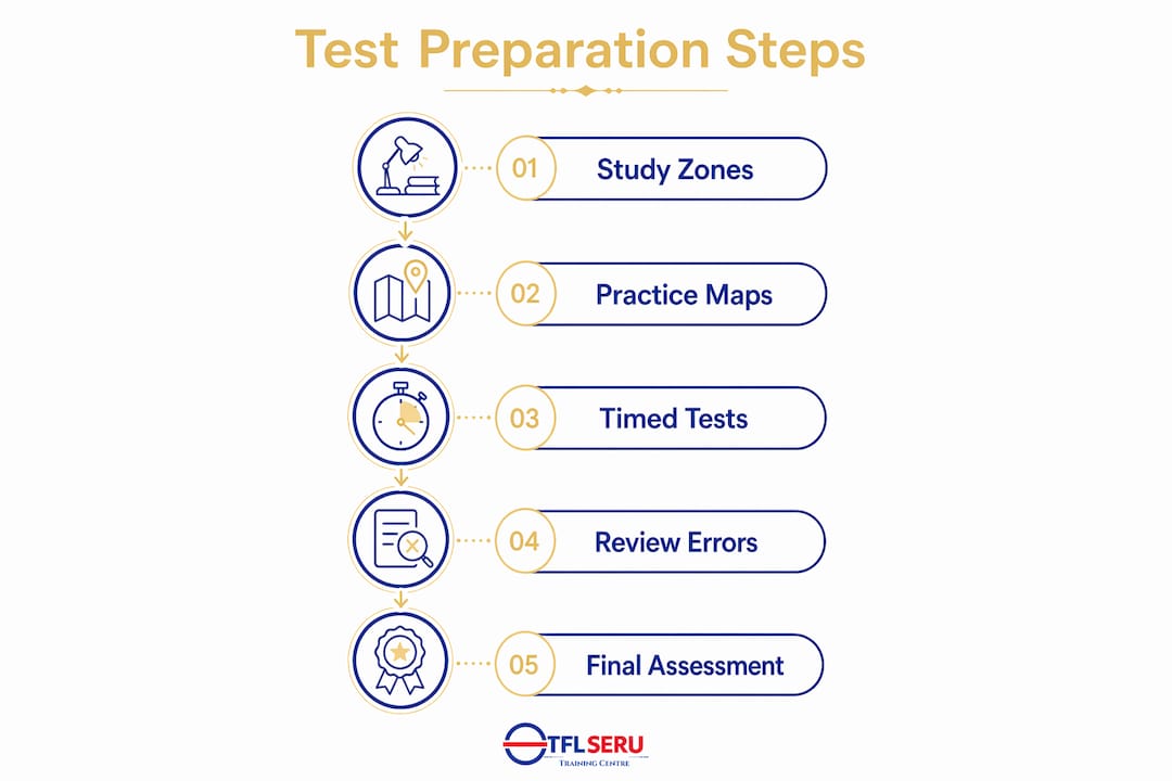 Infographic showing steps to prepare for TfL Topographical Test
