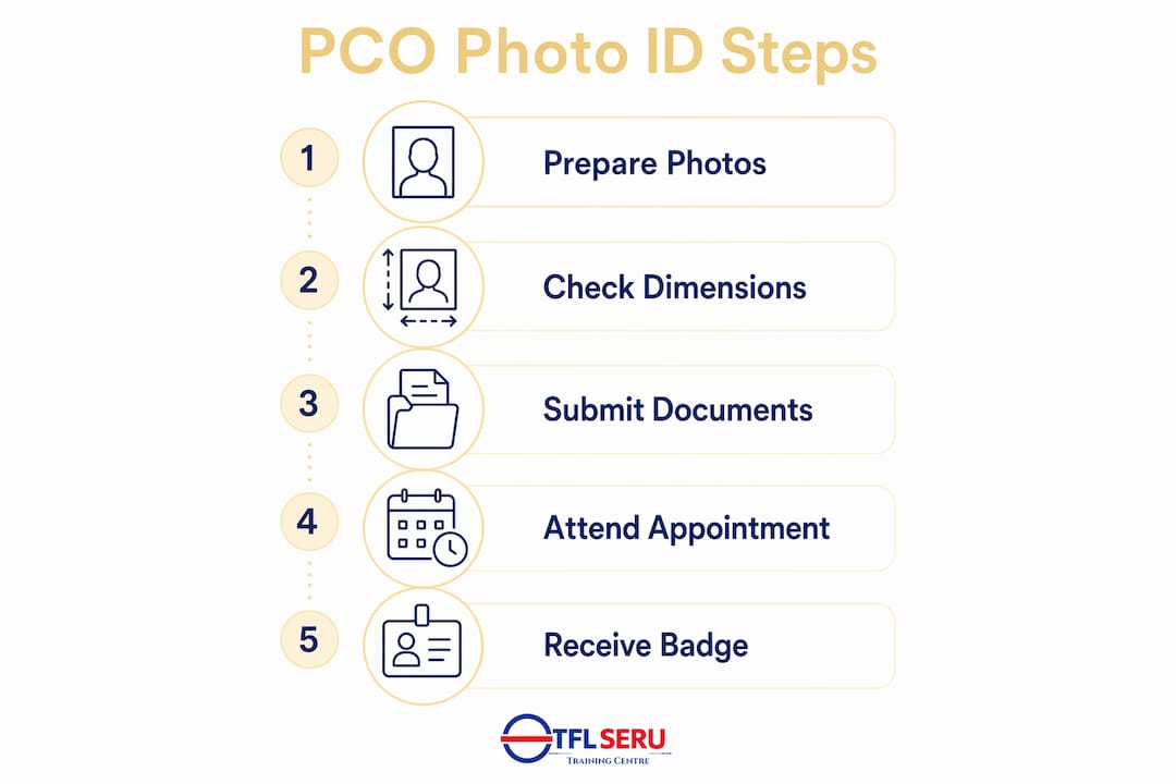 Infographic illustrating PCO photo ID application steps
