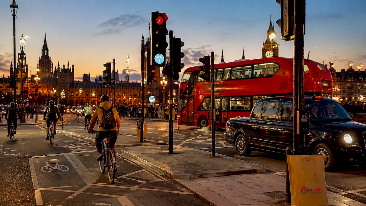 Busy London intersection showing complex road network