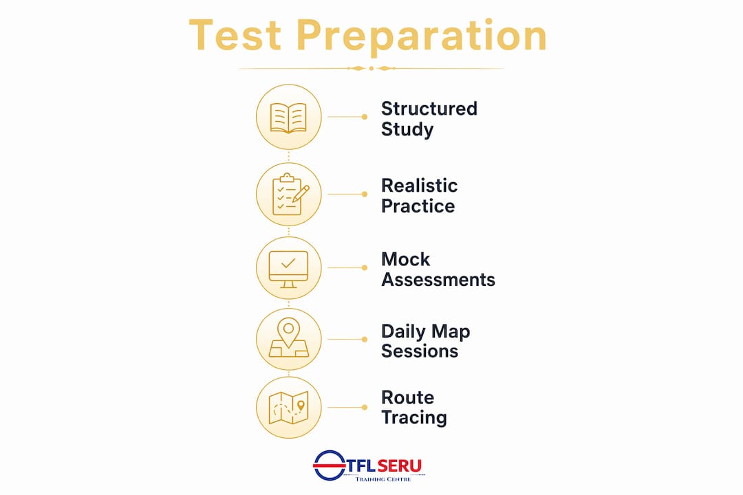 Infographic outlining preparation steps for TfL topographical test