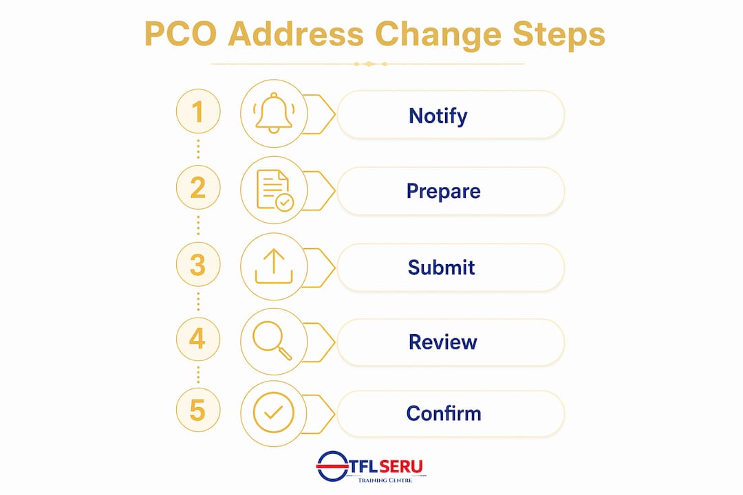 Infographic illustrating PCO address change process steps