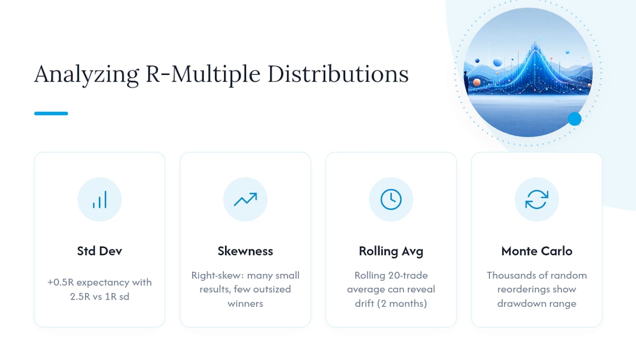 R distribution analysis with volatility and drawdowns