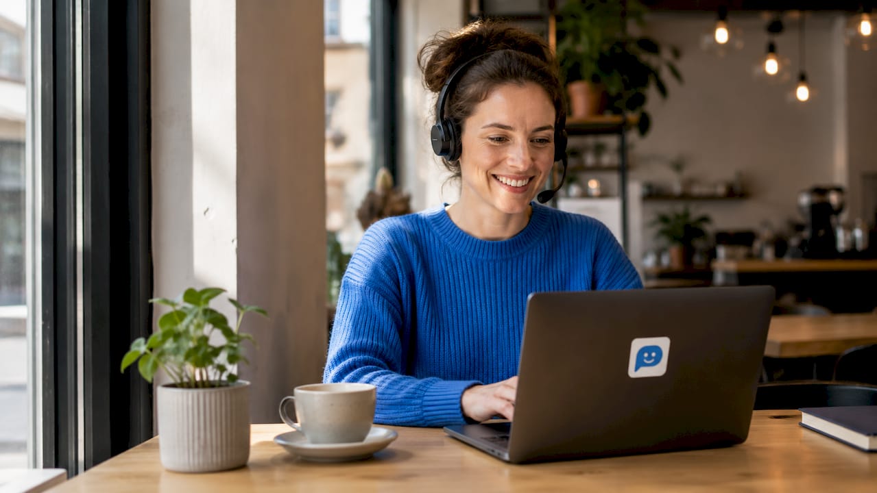 Im Home-Office nimmt eine Frau mit Headset Anrufe über eine KI-basierte Telefonlösung am Laptop entgegen.