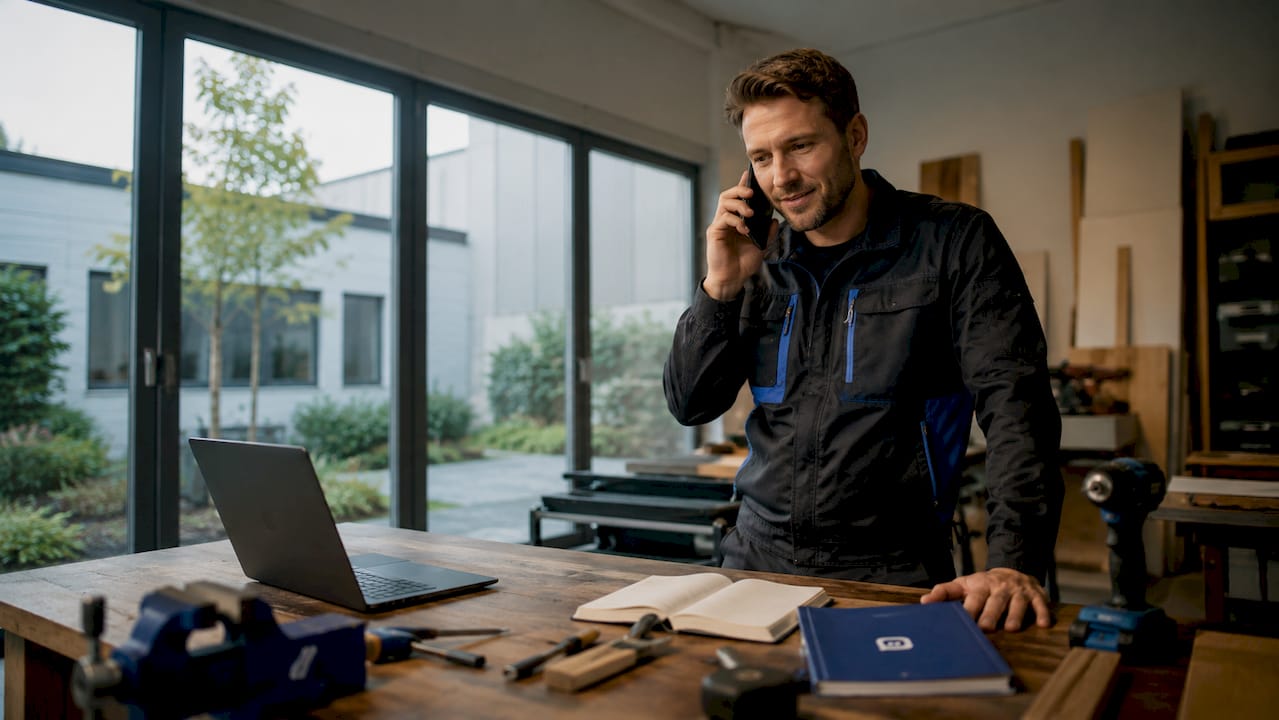 Ein Handwerker führt ein Telefonat in seiner Werkstatt.