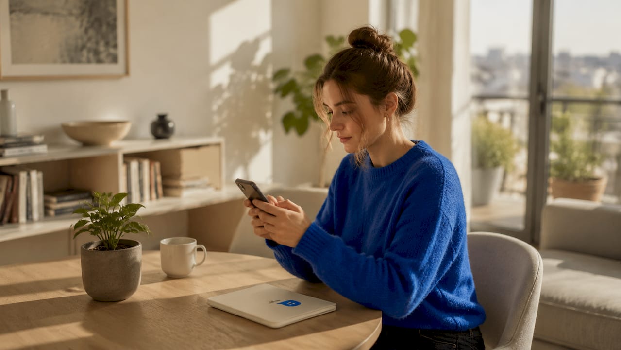 Mit dem Smartphone am Schreibtisch beschäftigt