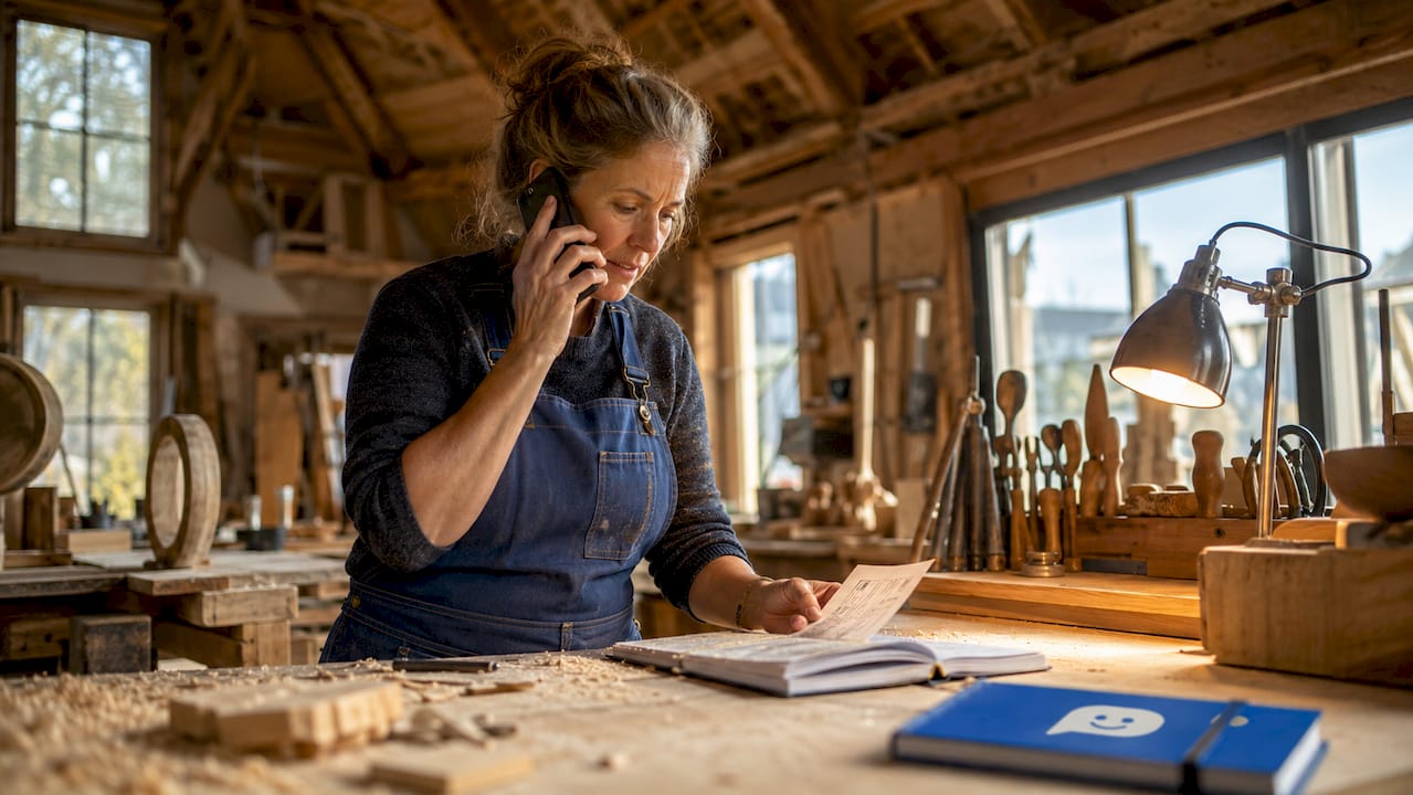 Eine Handwerkerin telefoniert in ihrer Werkstatt.