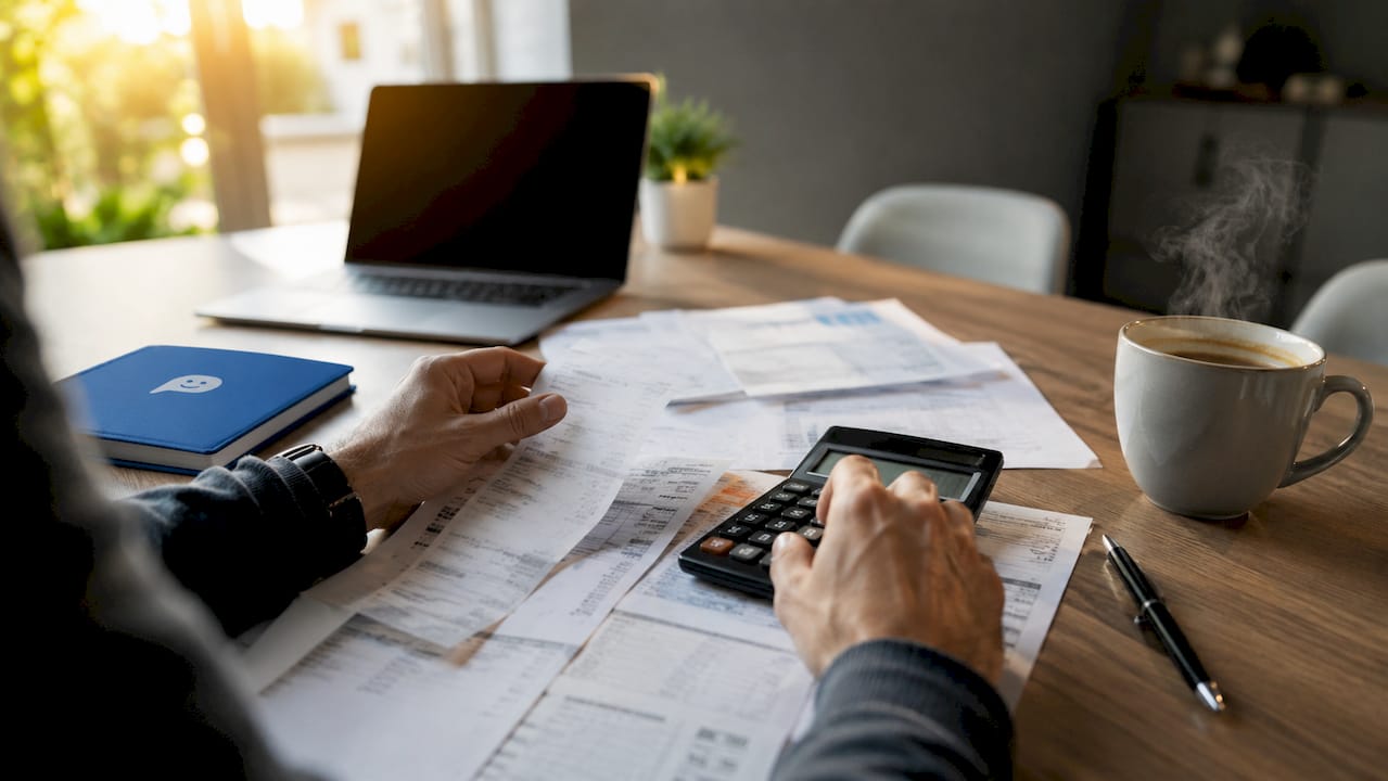 Mit den Händen am Schreibtisch werden finanzielle Verluste durchgerechnet.