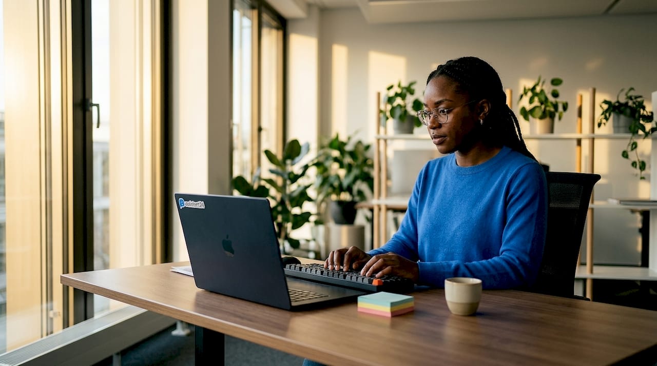 Fleißige Hände tippen auf einer Tastatur in einem modernen Coworking-Büro.