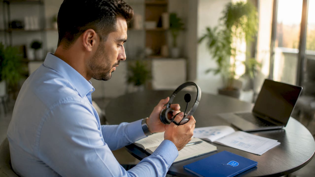 Arbeiten am Telefonarbeitsplatz mit Headset – Hände im Einsatz