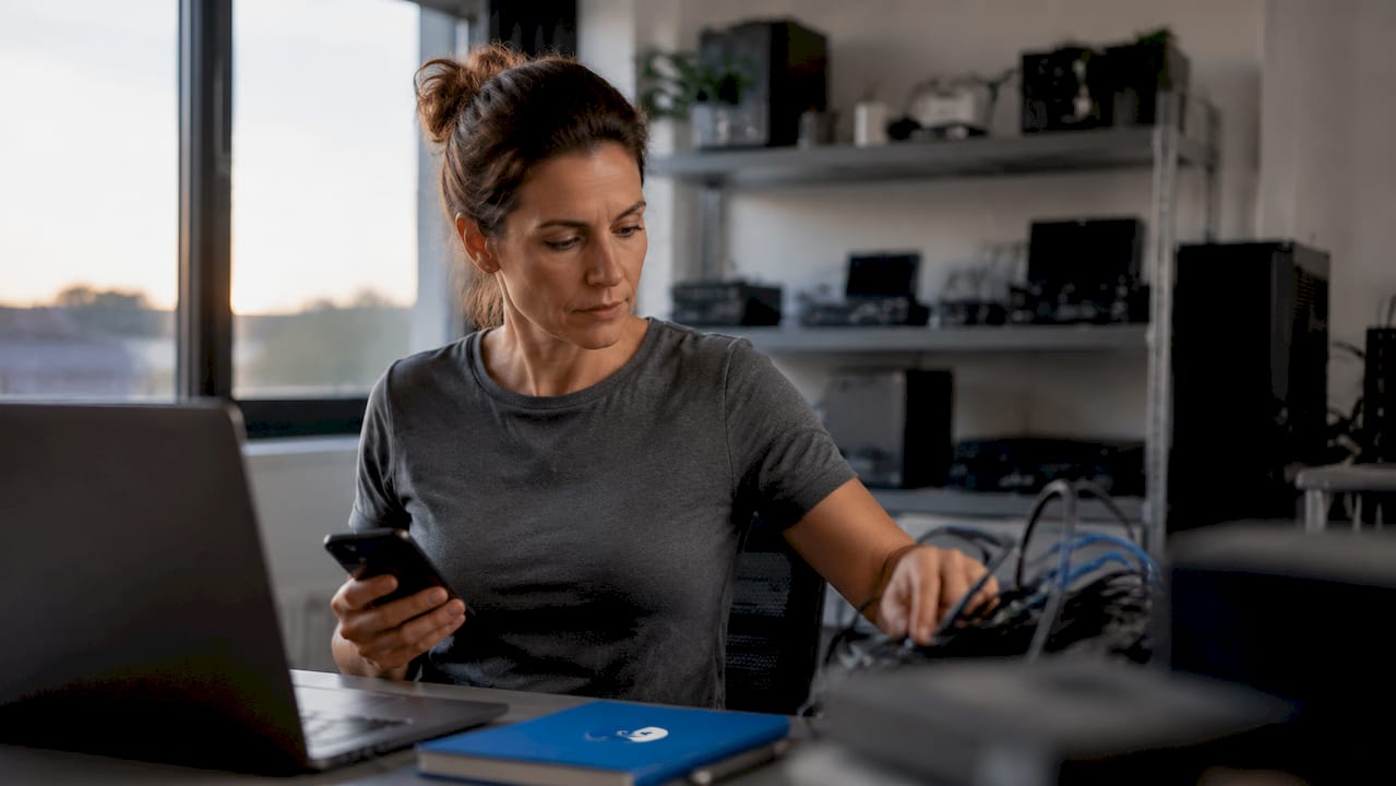 Eine Technikerin überprüft die Qualität der Mobilfunkverbindung.