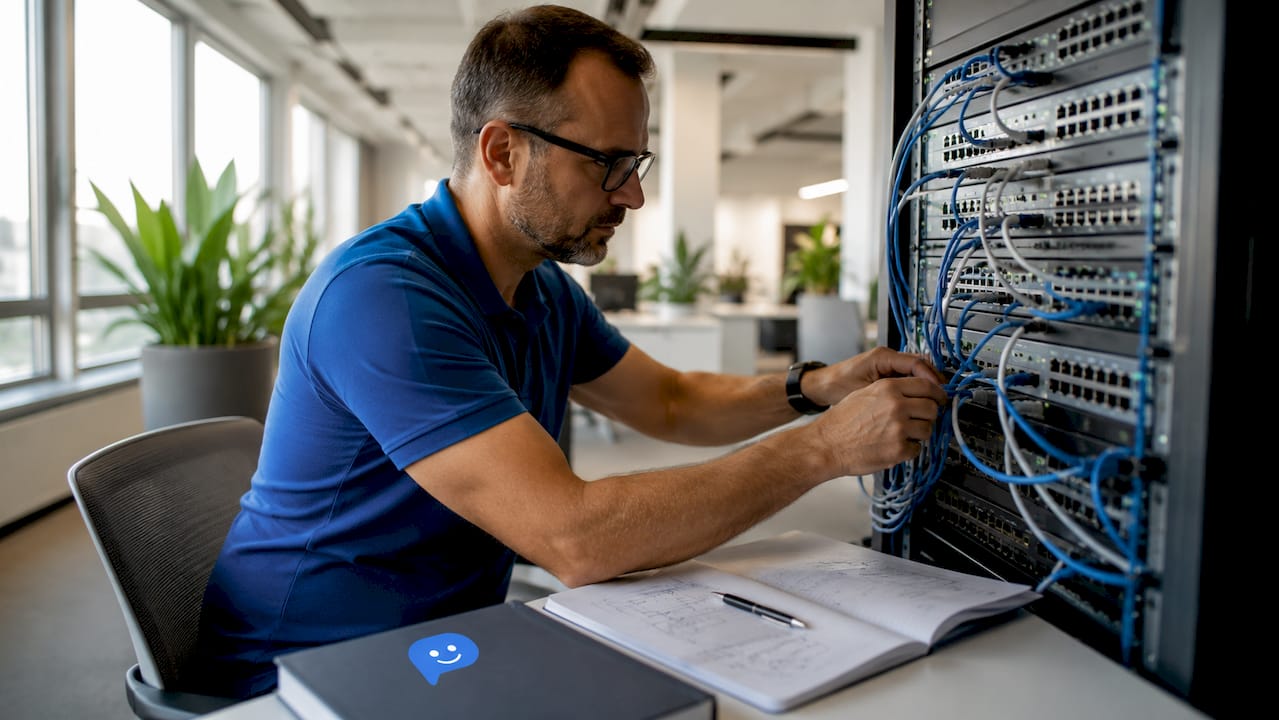 Ein Techniker richtet das Firmennetzwerk für die neue Telefonanlage ein.