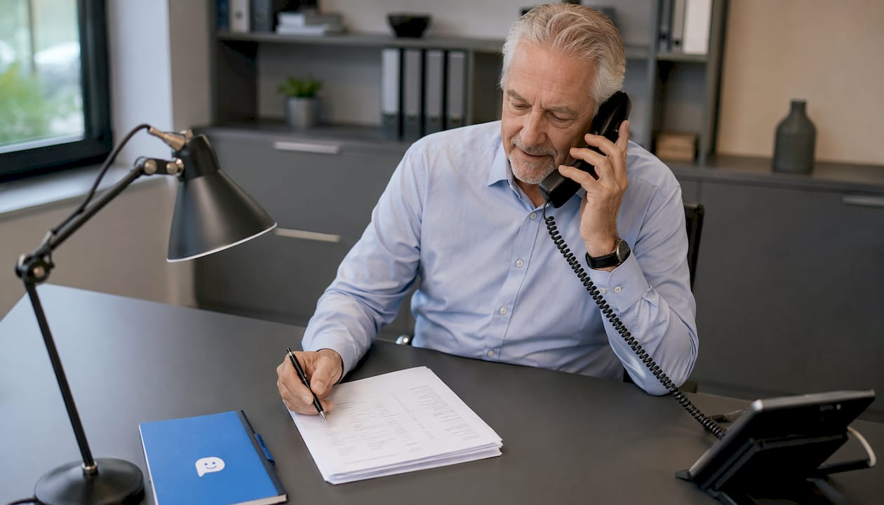 Ein älterer Herr telefoniert in seinem Büro.