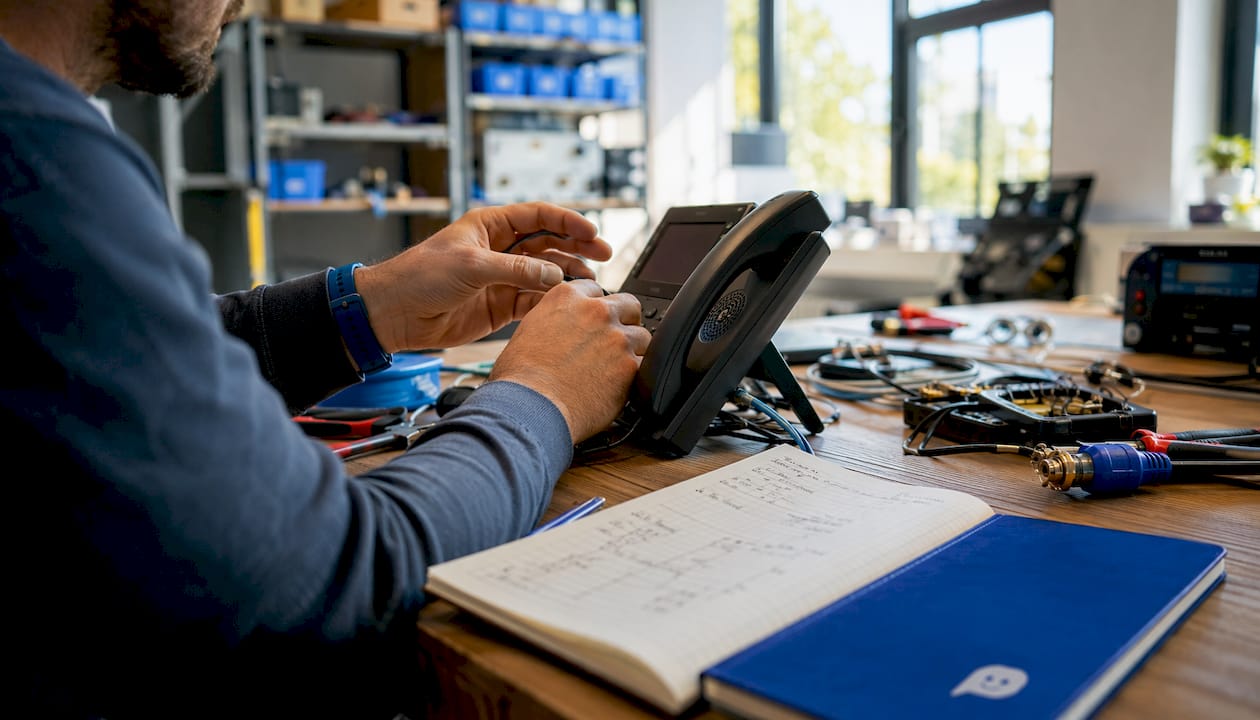 Nahaufnahme von Händen, die ein VoIP-Telefon bedienen