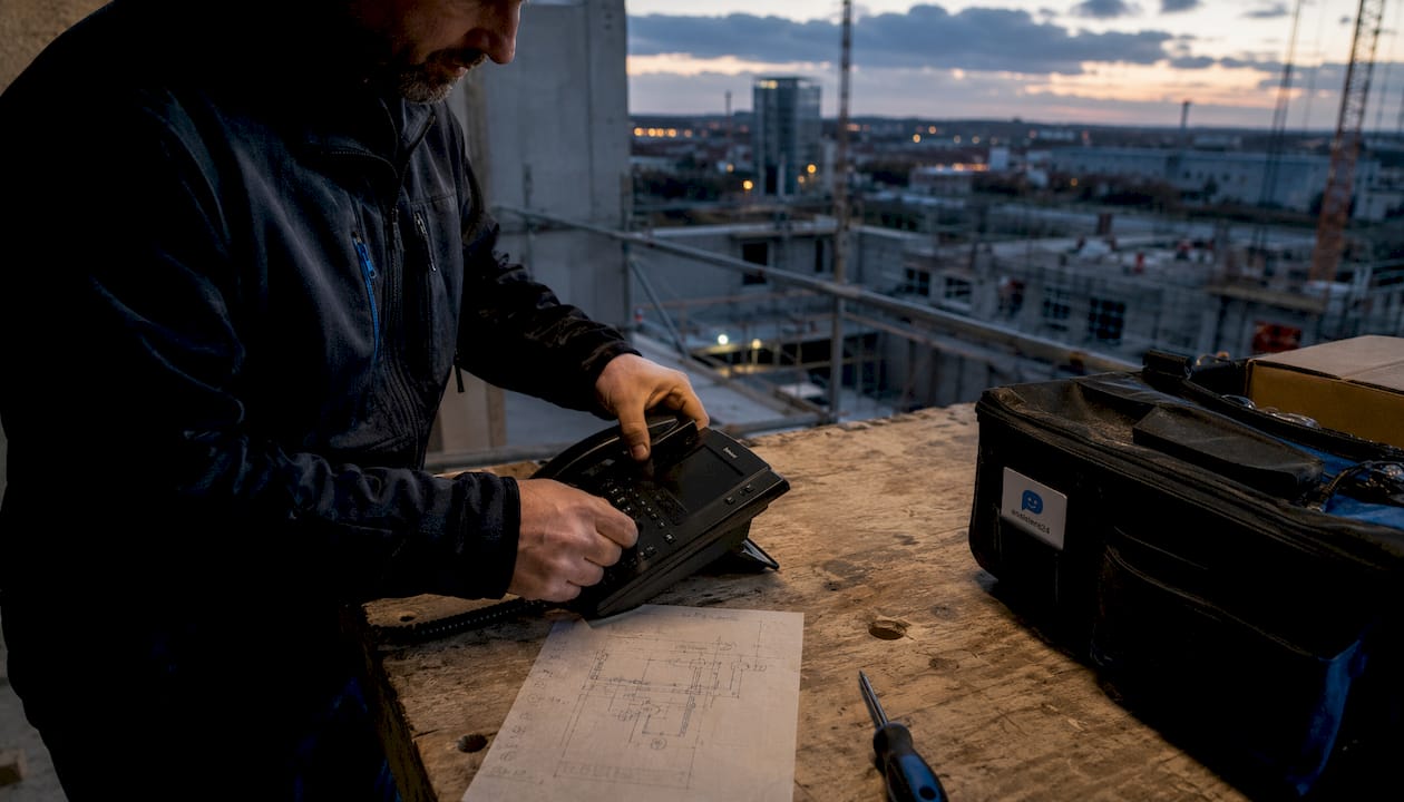 Ein Bauarbeiter hält sein Handy in der Hand, während er auf der Baustelle mit der Einrichtung beschäftigt ist.