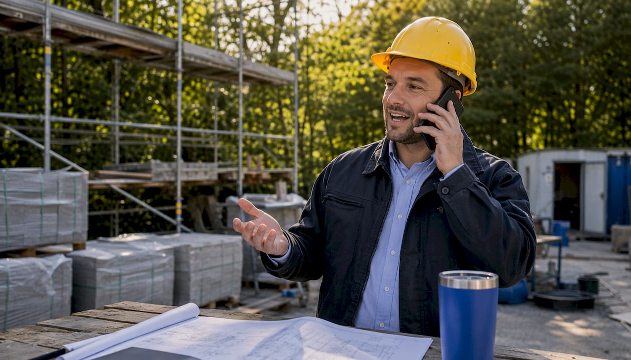 Handwerker-Telefon auf der Baustelle: KI-Lösungen 2026