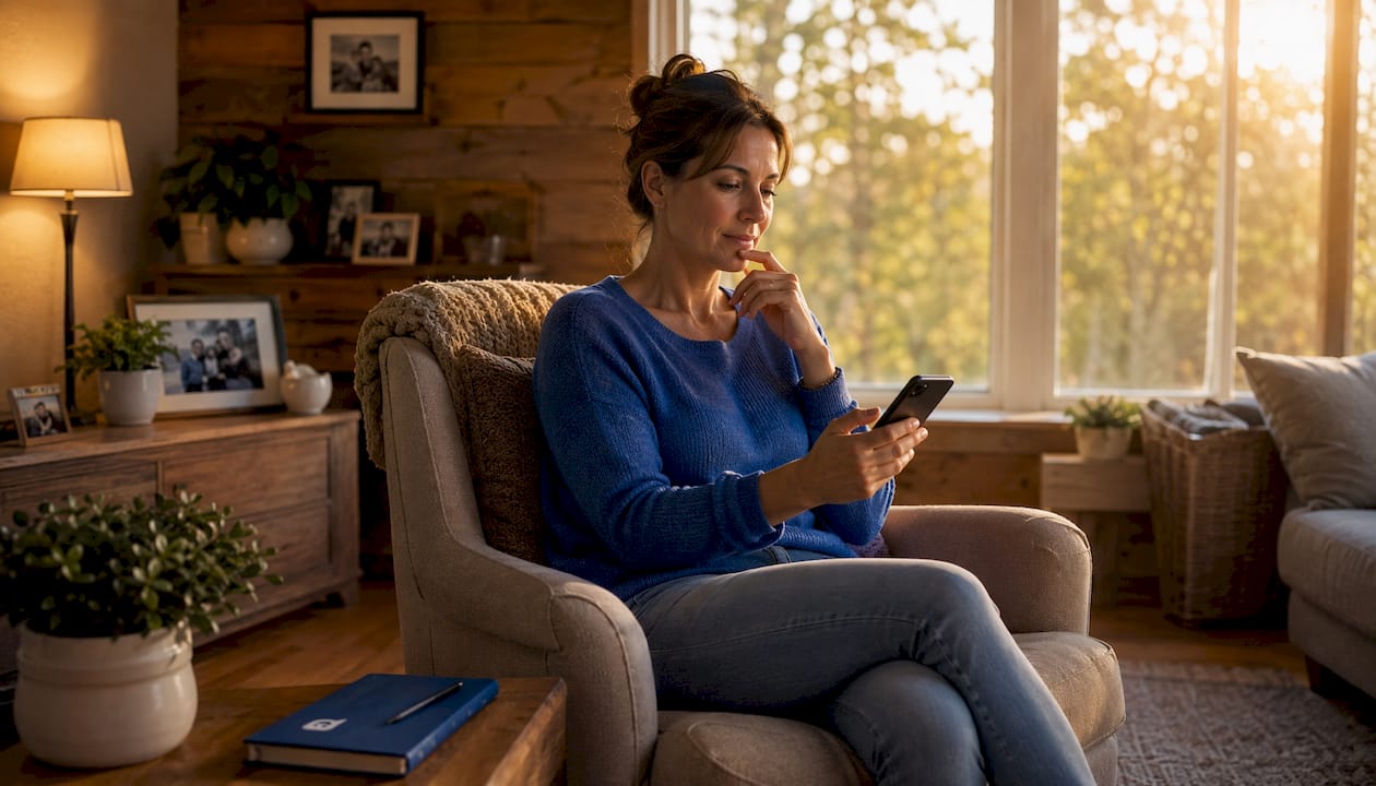 Eine Kundin sucht am Smartphone die passende Handwerker-Nummer heraus.