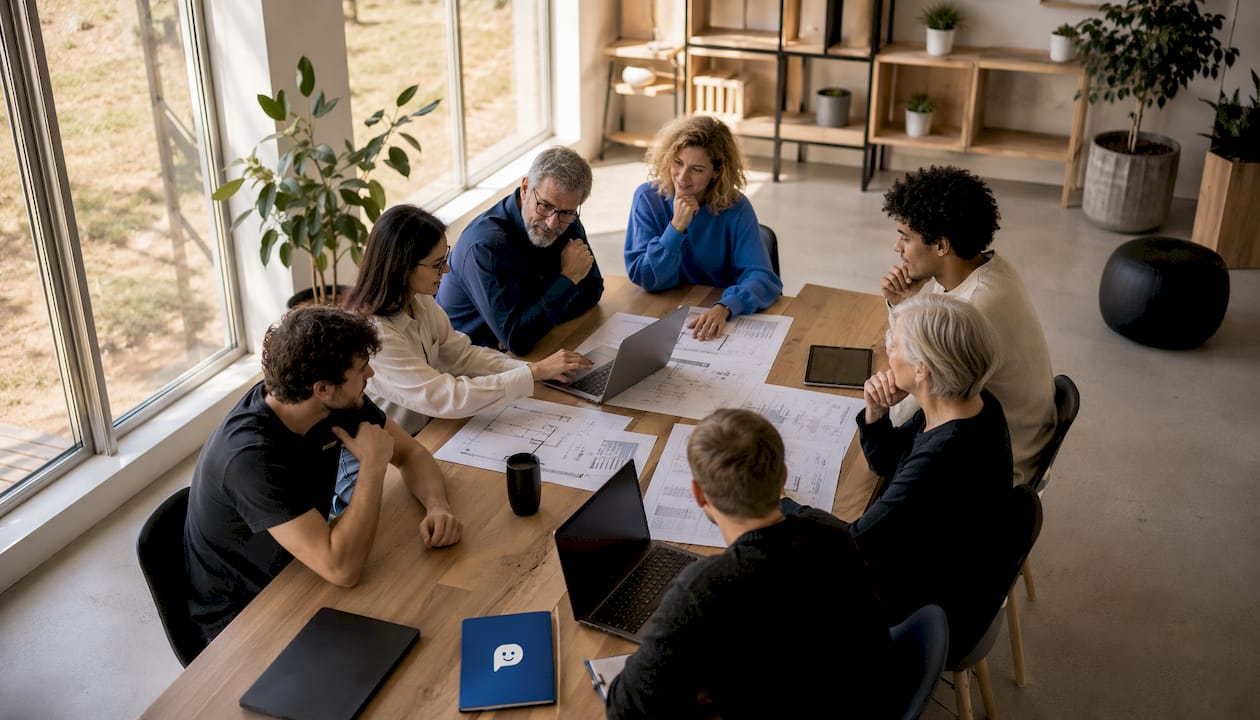 Im Besprechungsraum werden technische Schaubilder von mehreren Händen präsentiert.