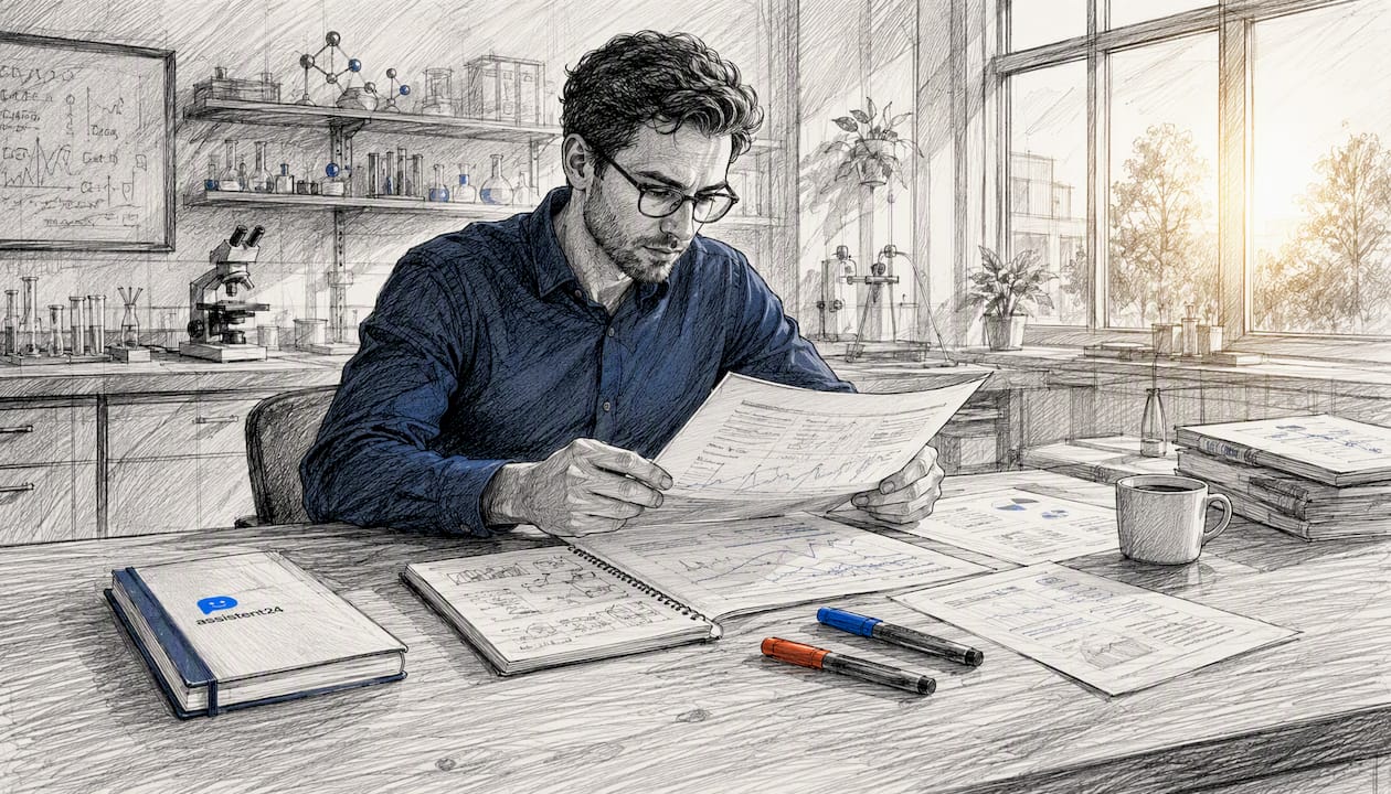 Ein Wissenschaftler vertieft sich an seinem Schreibtisch in aktuelle Studien und Fachartikel.