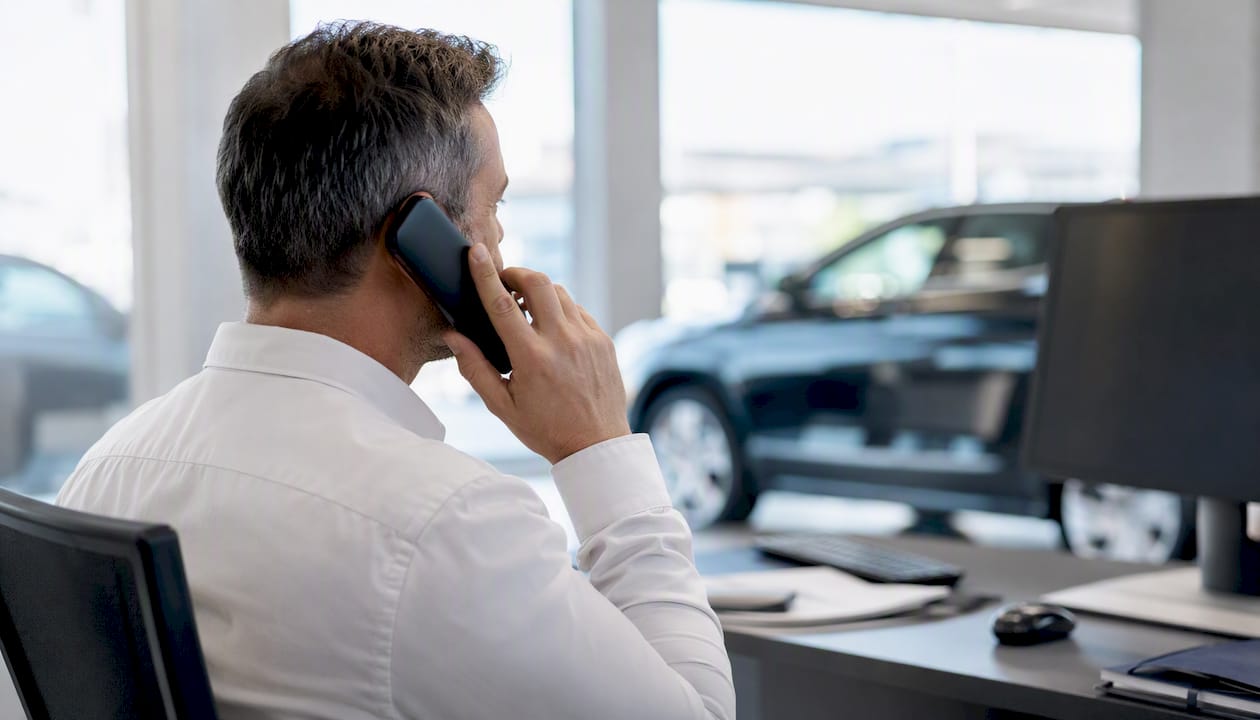 Eine Hand hält ein Smartphone in einer Autowerkstatt.