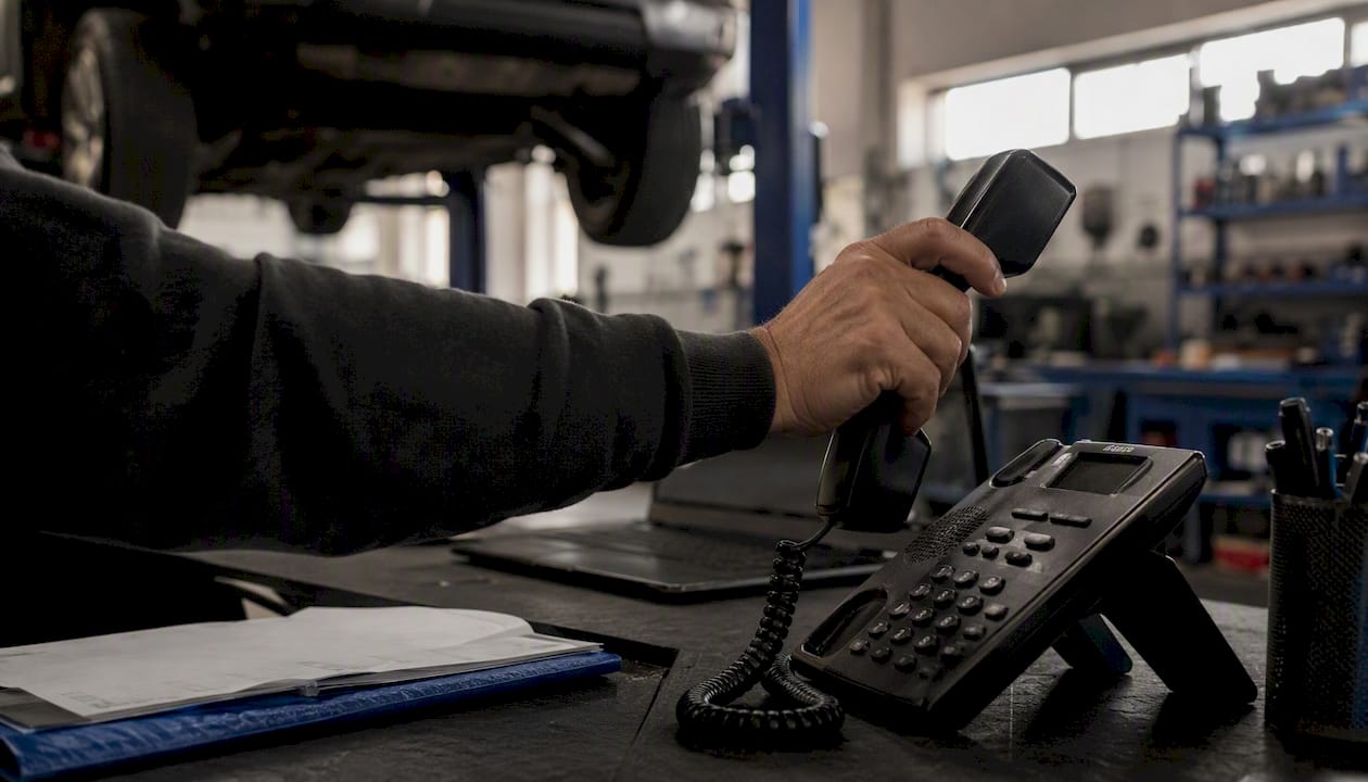 Ein Mechaniker greift in der Werkstatt zum Telefon.
