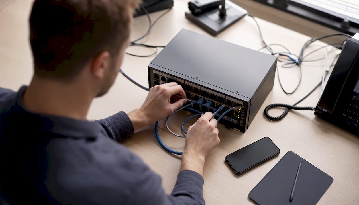 Bei der Einrichtung eines KI-Pilotprojekts werden Telefonkabel von Hand verbunden.