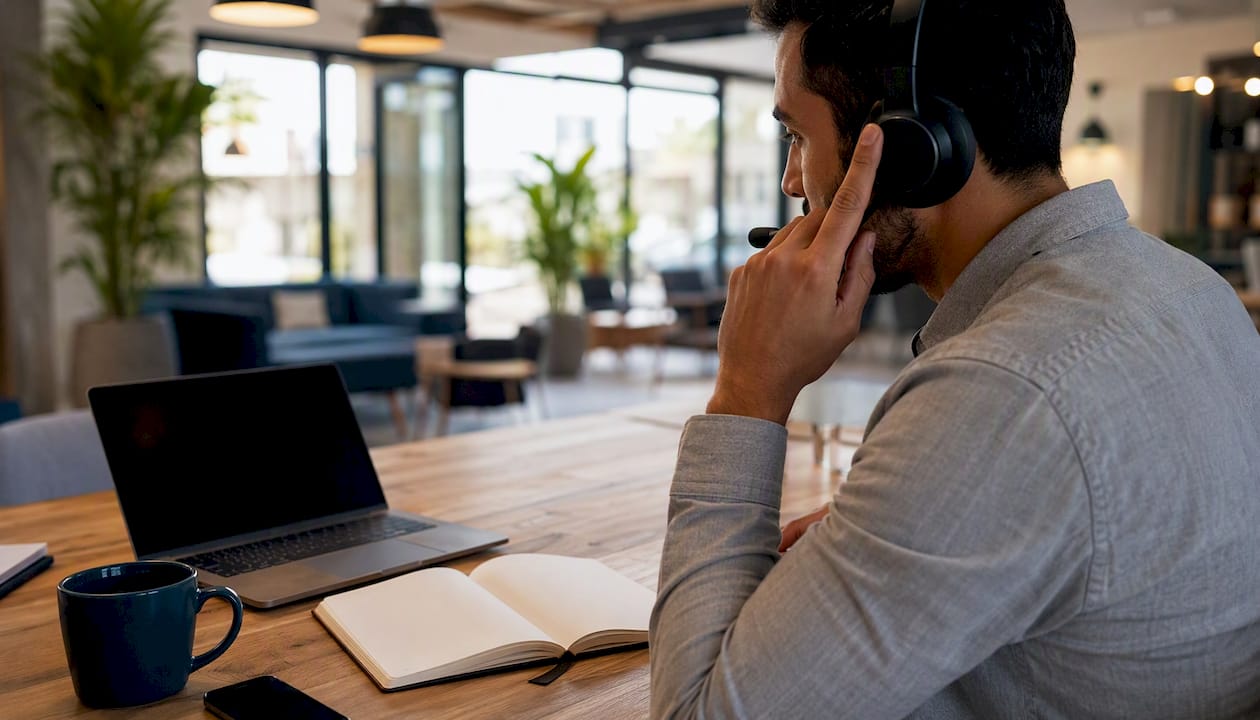 Eine Hand greift zum Telefonhörer, daneben liegt ein leerer Kalender – bereit für neue Termine.