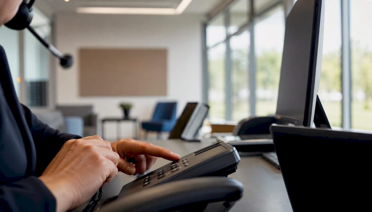 Ein Mitarbeiter leitet ein Telefongespräch im Büro manuell weiter.