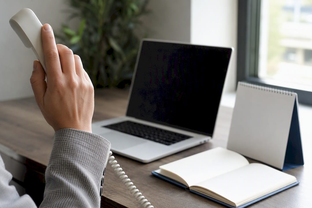 Hand hält Telefonhörer im Immobilienbüro