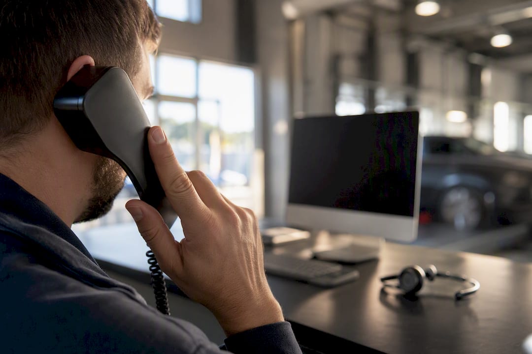 Hand hält Telefonhörer im Büro