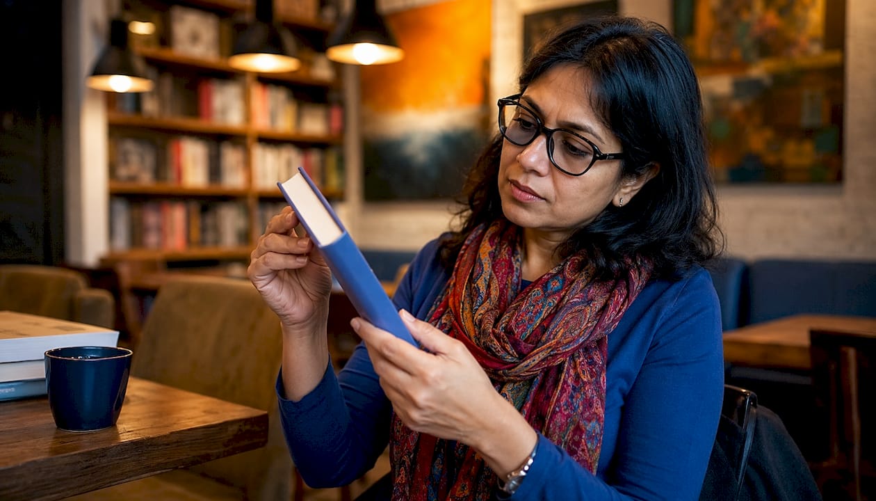 Woman browsing thriller books in library