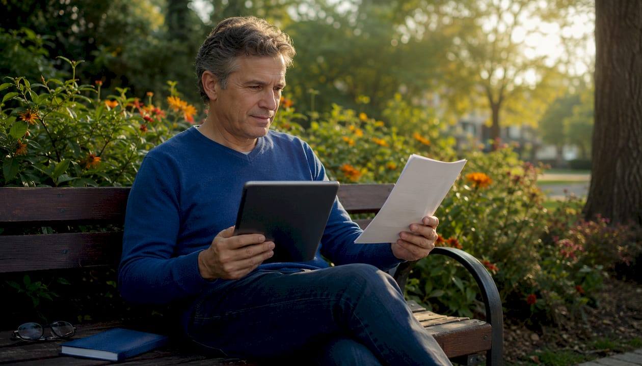 Man comparing PDF ebook on tablet and print
