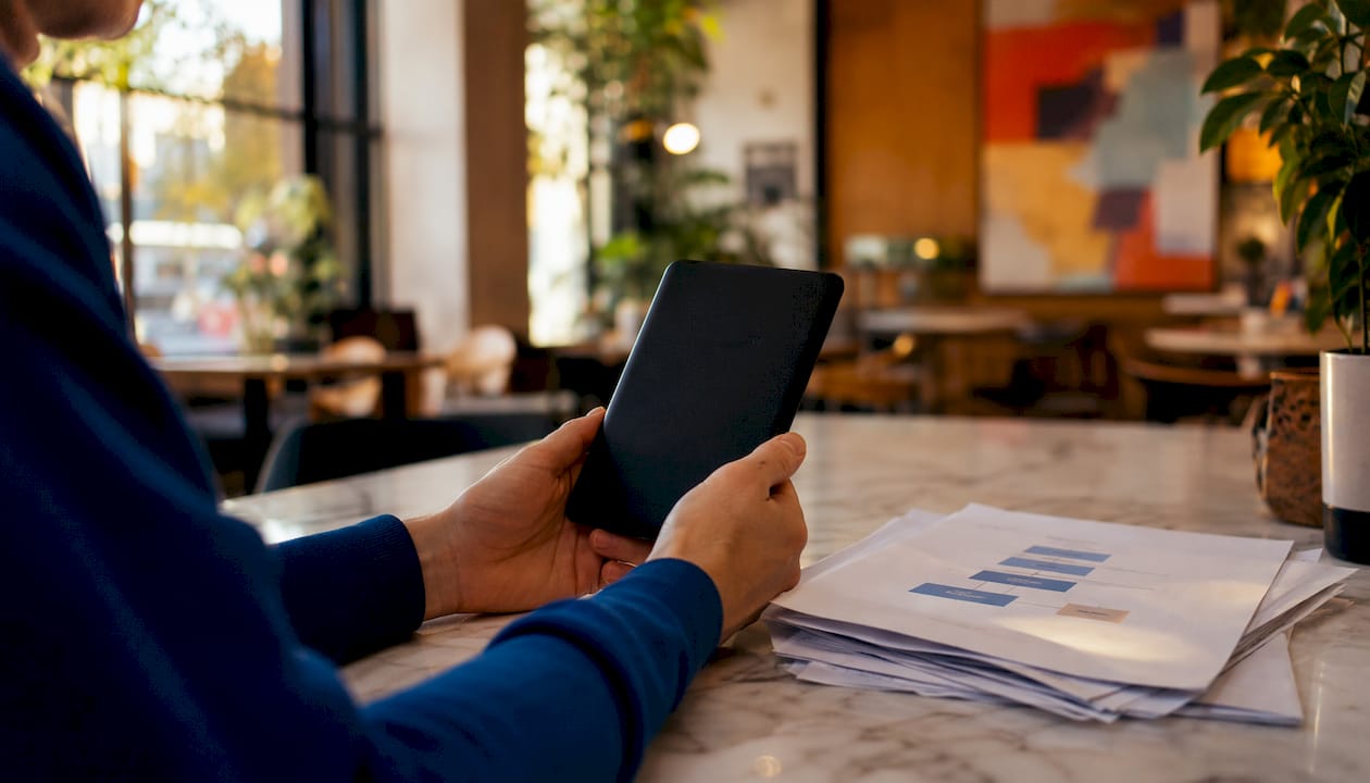 Hands holding Kindle and ebook format booklets