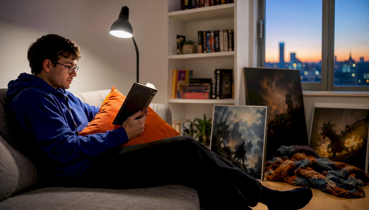 Man reading fantasy novel at desk in home library