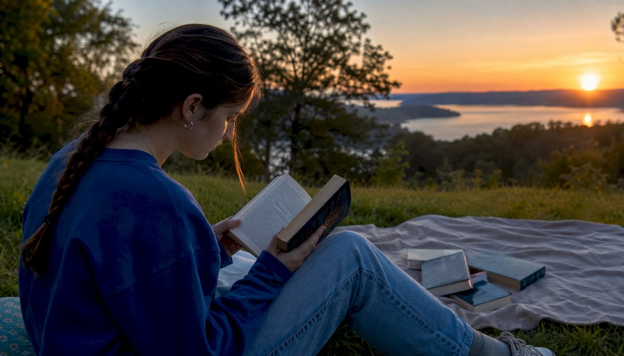 Teen girl reading young adult fantasy book on park bench
