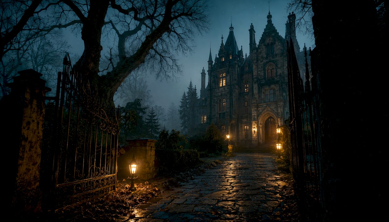Gothic mansion at twilight exuding mystery