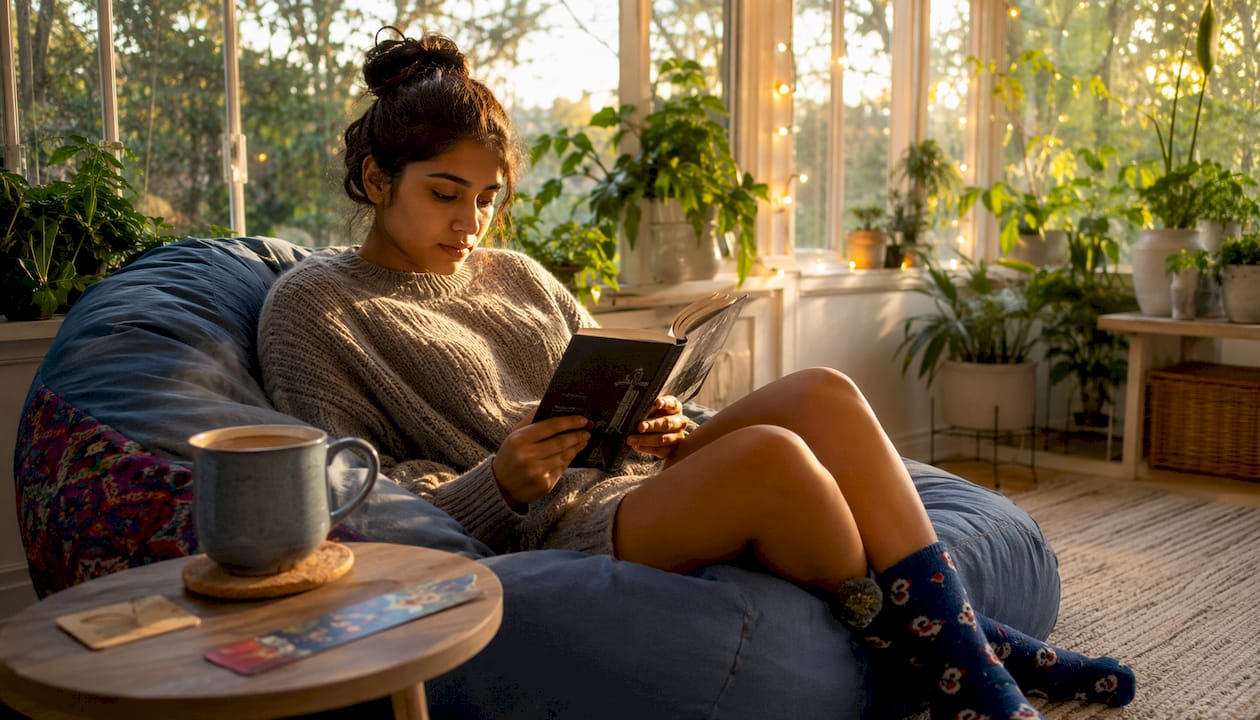 Young woman reading thriller romance at home