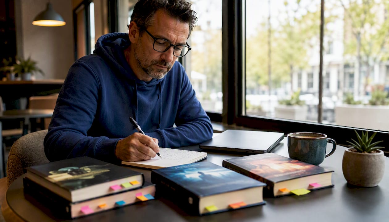 Man taking notes on domestic thriller novels
