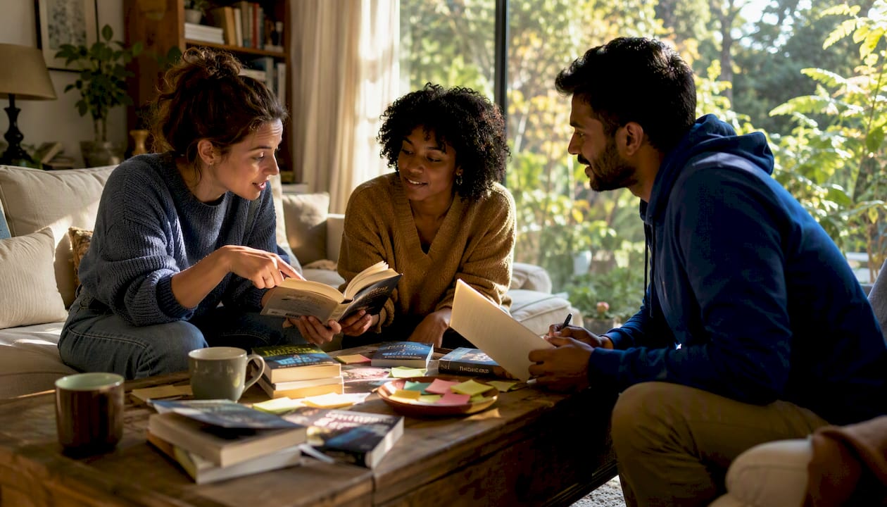 Friends selecting domestic thriller books at café