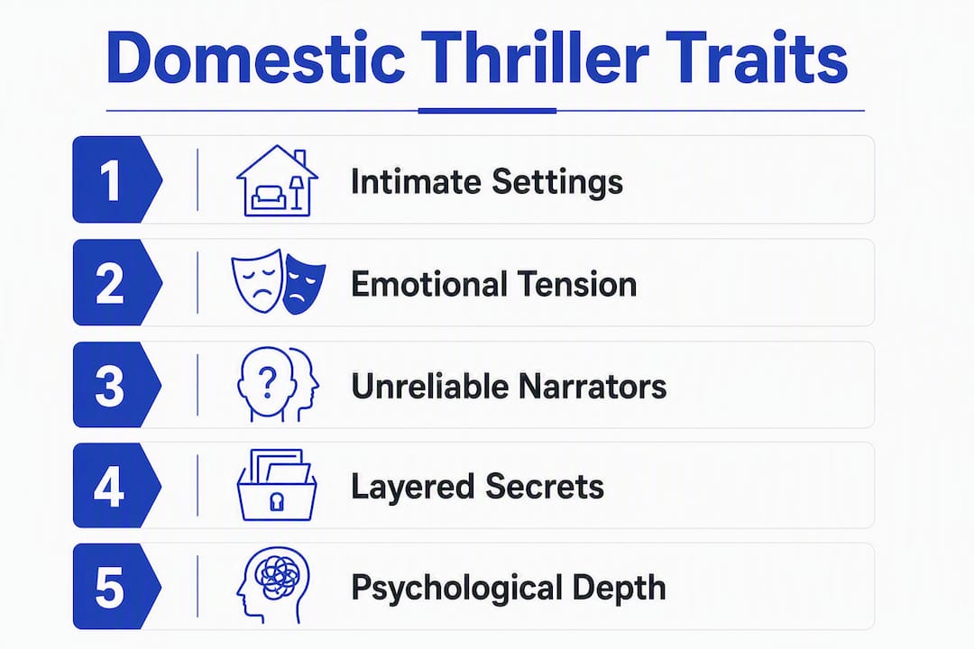 Infographic showing key traits of domestic thriller books