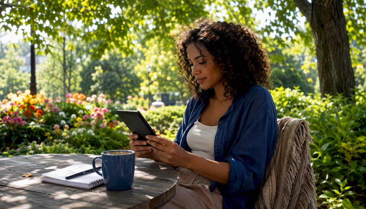 Hands holding e-reader at coffee shop table
