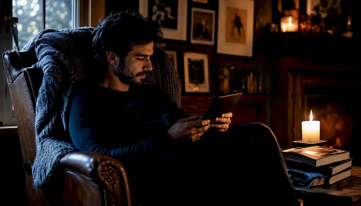 Hands holding e-reader in dim room