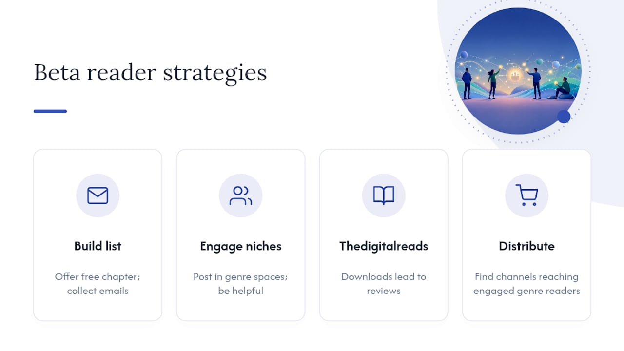 Tips for indie authors to find and collaborate with beta readers — overview diagram