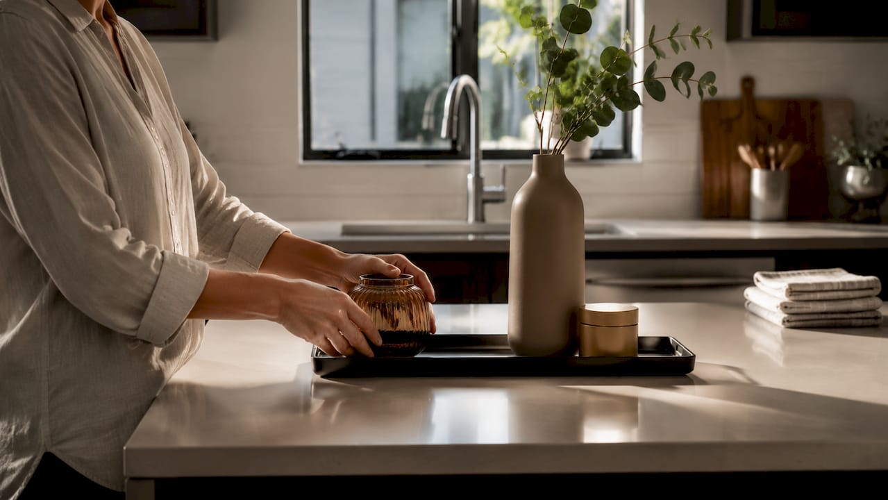 Hands clearing kitchen countertop for staging