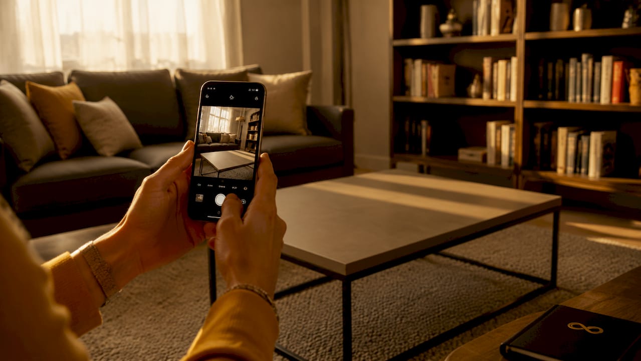 Sideways mobile device capturing decluttered kitchen