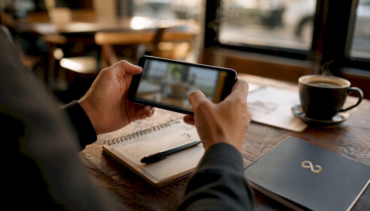 Hands editing property photos on smartphone